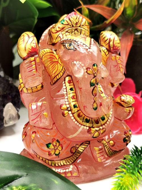 Ganesha Statue in Natural Rose Quartz Painted - A Symbol of Divine Beauty and Wisdom | Ganapati idol | Home Decor | Ganesh Murti | gift a ganesha