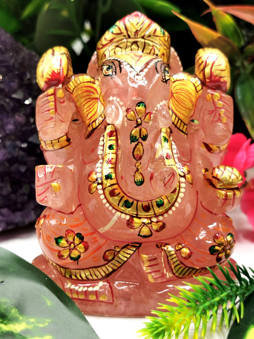 Ganesha Statue in Natural Rose Quartz Painted - A Symbol of Divine Beauty and Wisdom | Ganapati idol | Home Decor | Ganesh Murti | gift a ganesha