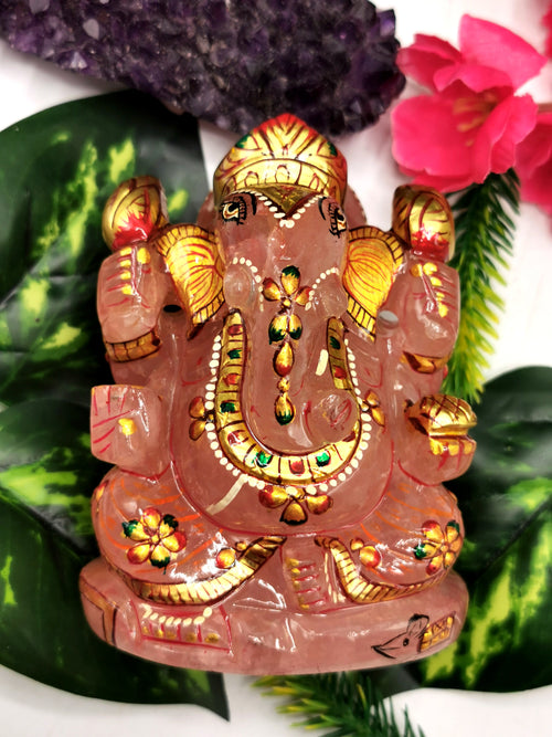 Ganesha Statue in Natural Rose Quartz Painted - A Symbol of Divine Beauty and Wisdom | Ganapati idol | Home Decor | Ganesh Murti | gift a ganesha