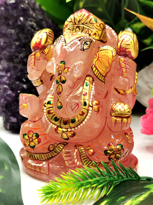 Ganesha Statue in Natural Rose Quartz Painted - A Symbol of Divine Beauty and Wisdom | Ganapati idol | Home Decor | Ganesh Murti | gift a ganesha