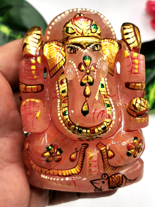 Ganesha Statue in Natural Rose Quartz Painted - A Divine Expression of Love and Wisdom | Ganapati idol | Home Decor | Ganesh Murti | gift a ganesha