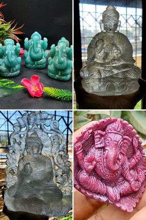 Custom Gemstome Carvings - Amazonite Ganeshas lot of 3, Clear Quartz Buddha 2, Ruby Ganesha