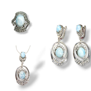 Larimar jewelry set of ring, pendant & earring in 925 silver with rhodium plating