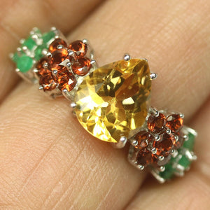 Citrine, Emerald & Garnet Finger Ring in 925 silver plated with White Gold - Gleaming Harmony