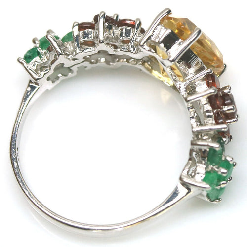 Citrine, Emerald & Garnet Finger Ring in 925 silver plated with White Gold - Gleaming Harmony