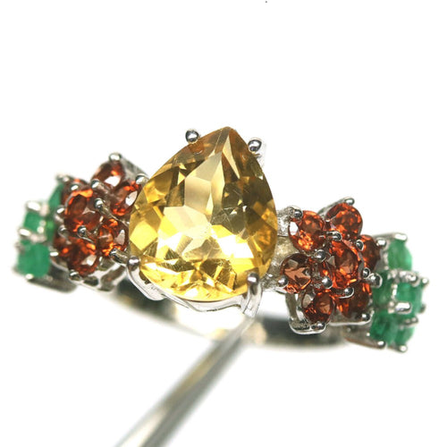 Citrine, Emerald & Garnet Finger Ring in 925 silver plated with White Gold - Gleaming Harmony
