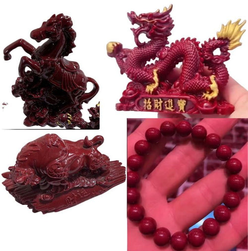 Cinnabar Carvings - Bull, Horse, Dragon & 2 bracelets - Animal Statue