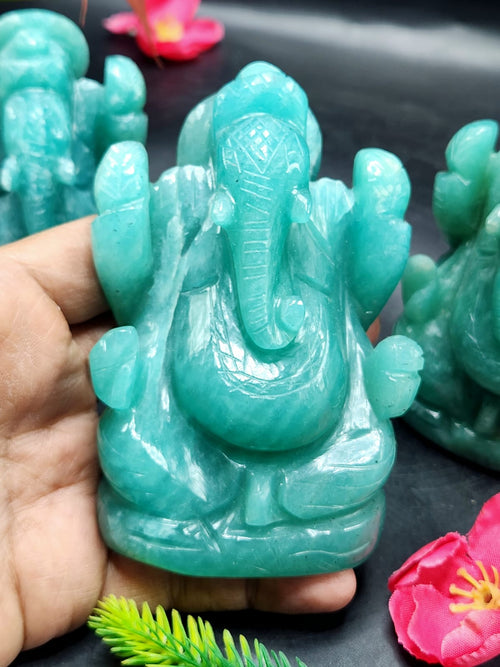 Custom Gemstome Carvings - Amazonite Ganeshas lot of 3, Clear Quartz Buddha 2, Ruby Ganesha