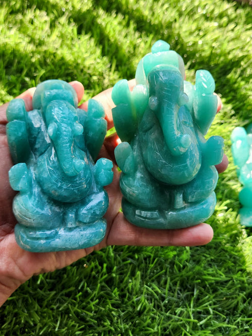 Custom Gemstome Carvings - Amazonite Ganeshas lot of 3, Clear Quartz Buddha 2, Ruby Ganesha