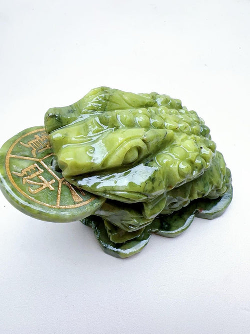 Handmade Carving of Frog With Coin In Jade Stone: Enhancing Home Harmony and Spiritual Protection