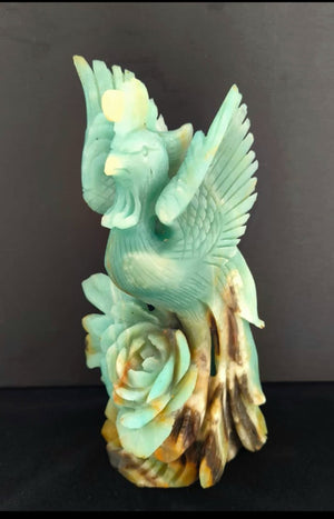 Amazonite Parrot on Rose Flower Carving: A Masterpiece for Home Decor | Animal carving