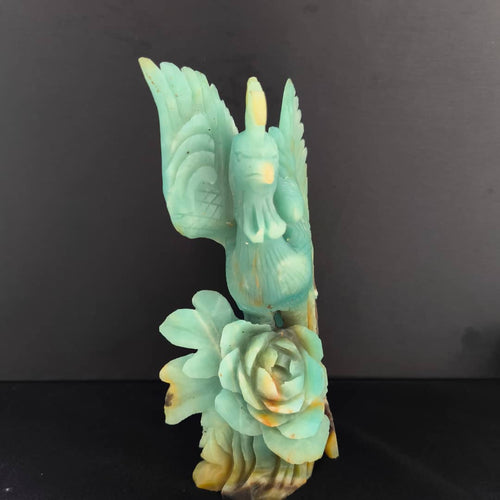 Amazonite Parrot on Rose Flower Carving: A Masterpiece for Home Decor | Animal carving