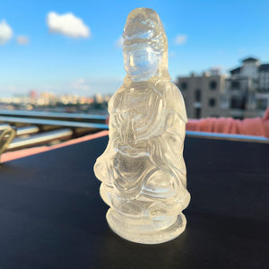 Kwan Yin Carving in Clear Quartz: A Divine Fusion of Wisdom and Spiritual Illumination | Reiki/Chakra/Healing/Energy | Crystal Home Decor