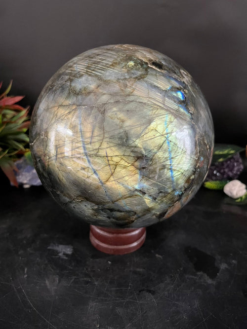 Celestial Harmony: Labradorite Sphere & Bumblebee Jasper Dragon Perched on Twin Skulls - final payment