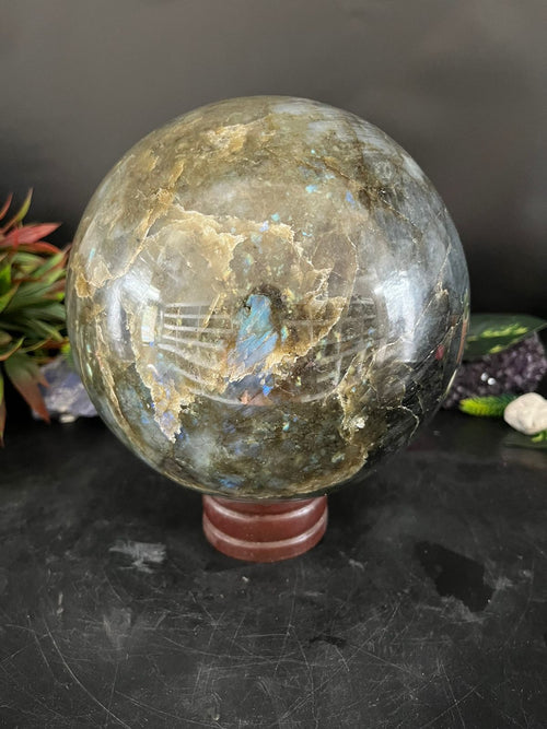 Celestial Harmony: Labradorite Sphere & Bumblebee Jasper Dragon Perched on Twin Skulls - final payment