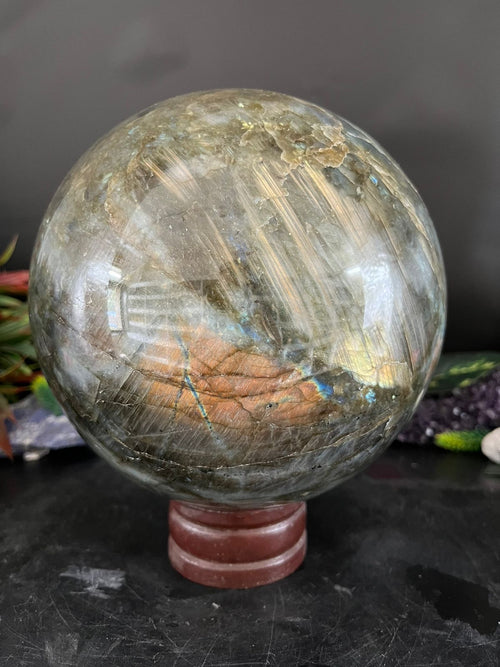 Celestial Harmony: Labradorite Sphere & Bumblebee Jasper Dragon Perched on Twin Skulls - final payment