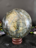Celestial Harmony: Labradorite Sphere & Bumblebee Jasper Dragon Perched on Twin Skulls - final payment