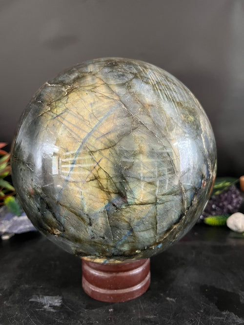 Celestial Harmony: Labradorite Sphere & Bumblebee Jasper Dragon Perched on Twin Skulls - final payment