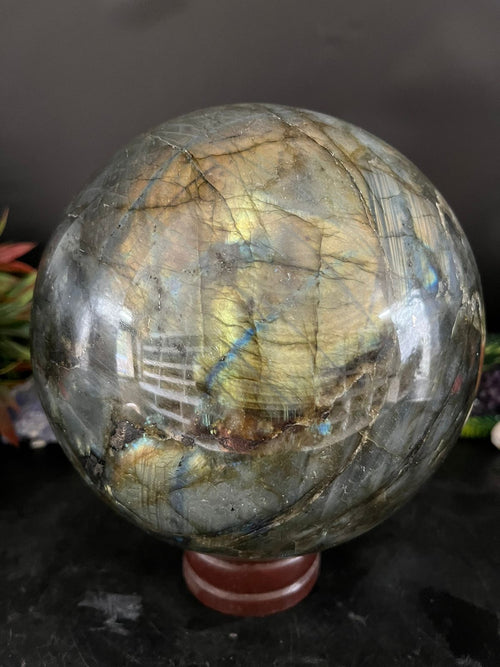 Celestial Harmony: Labradorite Sphere & Bumblebee Jasper Dragon Perched on Twin Skulls - final payment