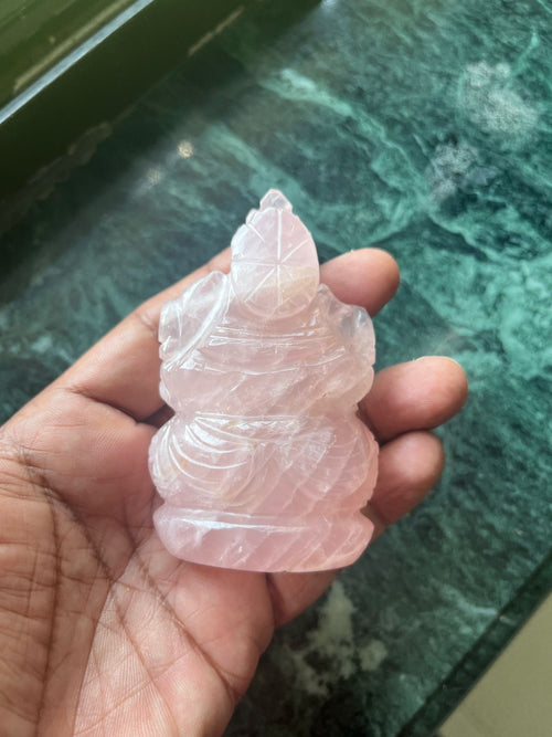 Rose Quartz Ganesha Handmade Carving - Lord Ganesha Idol | Sculpture in Crystals and Gemstones - ONE STATUE ONLY