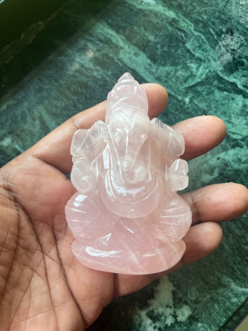 Rose Quartz Ganesha Handmade Carving - Lord Ganesha Idol | Sculpture in Crystals and Gemstones - ONE STATUE ONLY