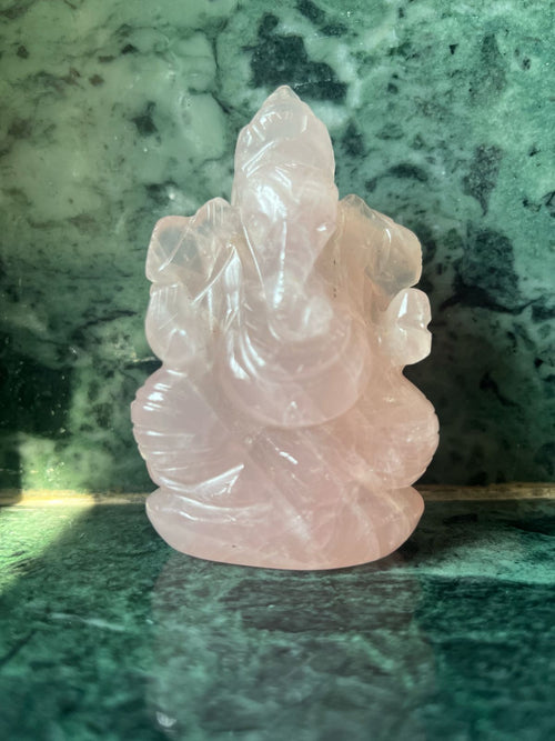 Rose Quartz Ganesha Handmade Carving - Lord Ganesha Idol | Sculpture in Crystals and Gemstones - ONE STATUE ONLY
