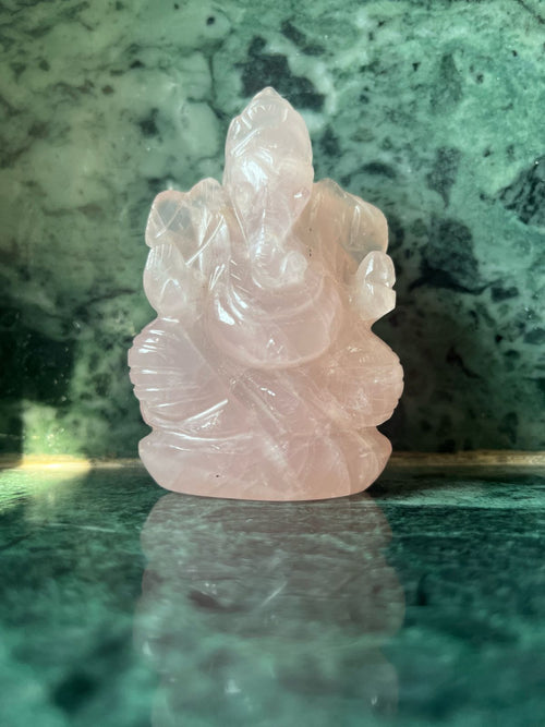 Rose Quartz Ganesha Handmade Carving - Lord Ganesha Idol | Sculpture in Crystals and Gemstones - ONE STATUE ONLY