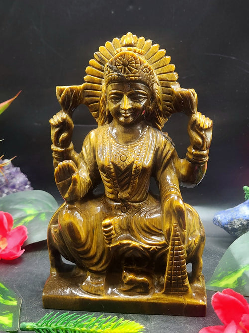 Goddess Laxmi Carving in Tiger Eye Gemstone: Elevate Your Home Space with Prosperity and Divine Blessings | Reiki/Chakra/Healing/Energy