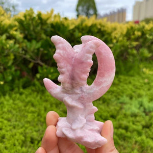 Handmade carving of Pink Opal Winged Angel on Half Moon: A Beacon of Tranquility and Protection