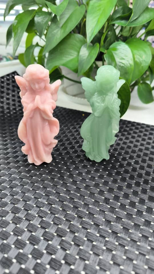 Chinese Dragon Carving in Charoite Gemstone, 3 angels in pink opal & aventurine - final payment