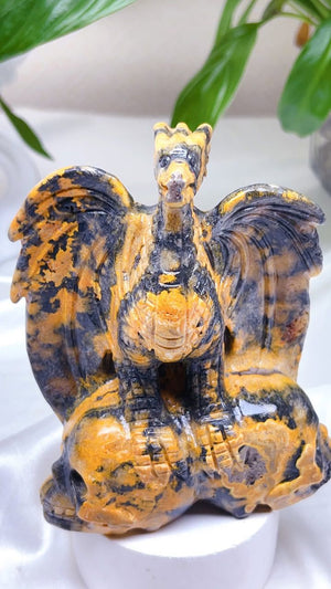 Celestial Harmony: Labradorite Sphere & Bumblebee Jasper Dragon Perched on Twin Skulls - final payment