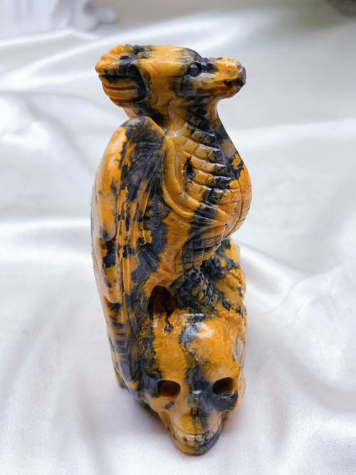 Celestial Harmony: Labradorite Sphere & Bumblebee Jasper Dragon Perched on Twin Skulls - final payment