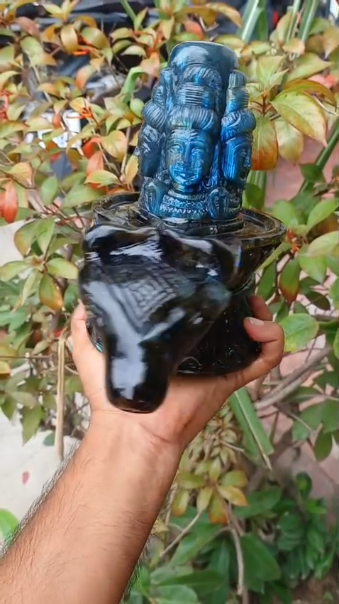 Magnificent Flashy Labradorite Five-Faced Panchamukhi Shivling with Nandi Cow