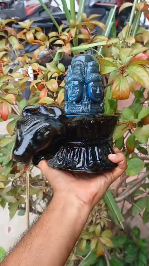 Magnificent Flashy Labradorite Five-Faced Panchamukhi Shivling with Nandi Cow