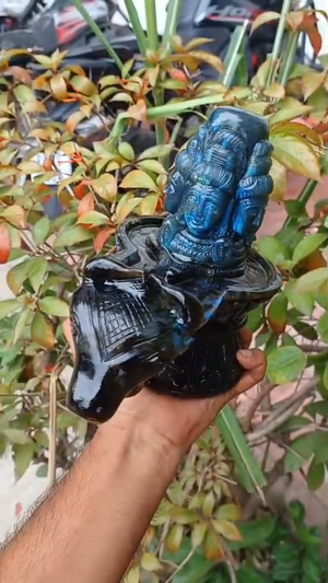 Magnificent Flashy Labradorite Five-Faced Panchamukhi Shivling with Nandi Cow