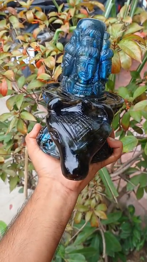 Magnificent Flashy Labradorite Five-Faced Panchamukhi Shivling with Nandi Cow