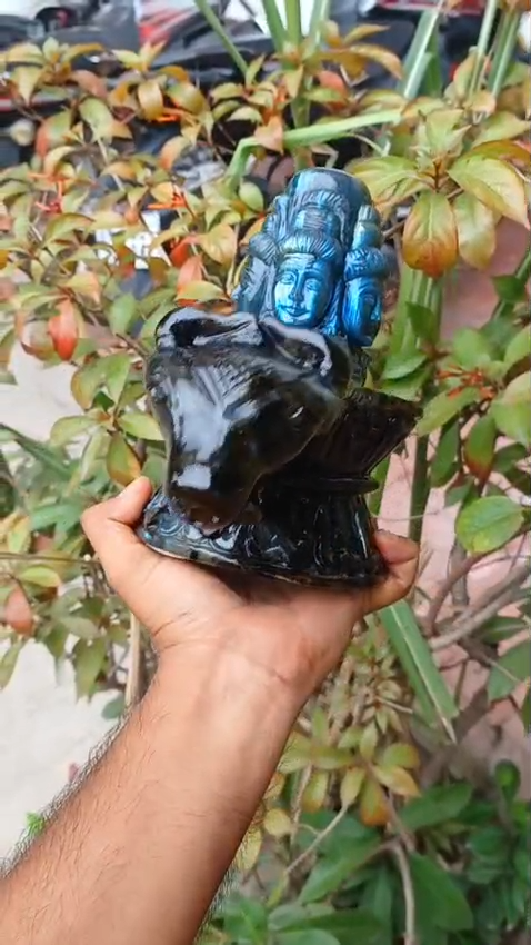Magnificent Flashy Labradorite Five-Faced Panchamukhi Shivling with Nandi Cow