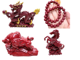 Cinnabar Marvels - Horse, Dragon, Bull carving & 2 bracelets - Animal gemstone carvings