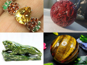 4 Products - Cinnabar dragon sphere, tiger eye sphere, jade tiger animal carving & emerald finger ring