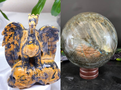 Celestial Harmony: Labradorite Sphere & Bumblebee Jasper Dragon Perched on Twin Skulls - final payment