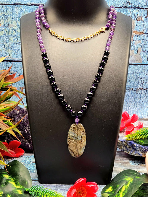 Black onyx and amethyst necklace with labradorite floral pendant | gemstone/crystal jewelry | Mother's Day/Birthday/Valentine's gift