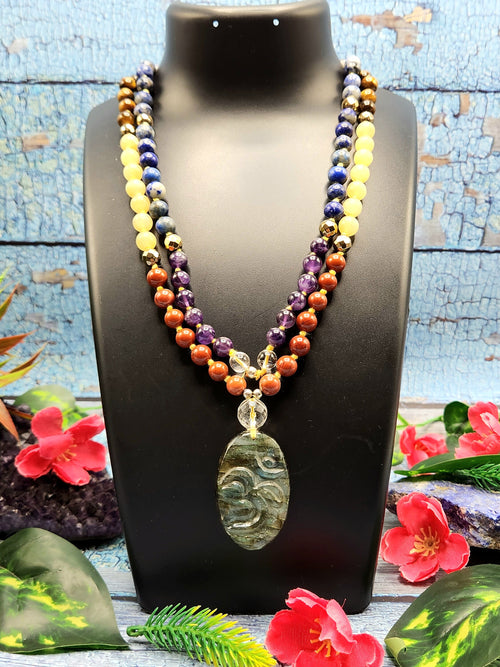 SCC6839 - Unique 7-chakra 109 bead necklace with labradorite Om pendant | gemstone/crystal jewelry | Mother's Day/Anniversary/Engagement/Birthday gift