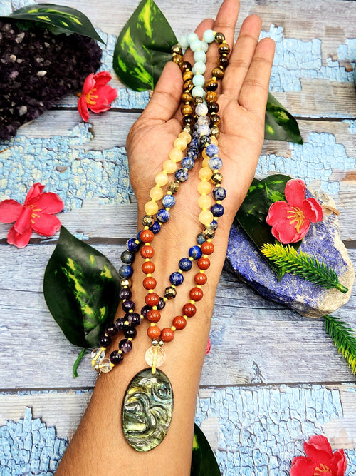 SCC6839 - Unique 7-chakra 109 bead necklace with labradorite Om pendant | gemstone/crystal jewelry | Mother's Day/Anniversary/Engagement/Birthday gift