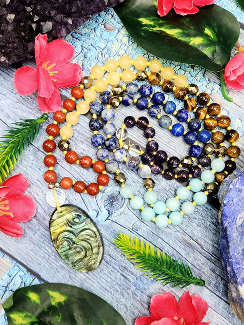 SCC6839 - Unique 7-chakra 109 bead necklace with labradorite Om pendant | gemstone/crystal jewelry | Mother's Day/Anniversary/Engagement/Birthday gift