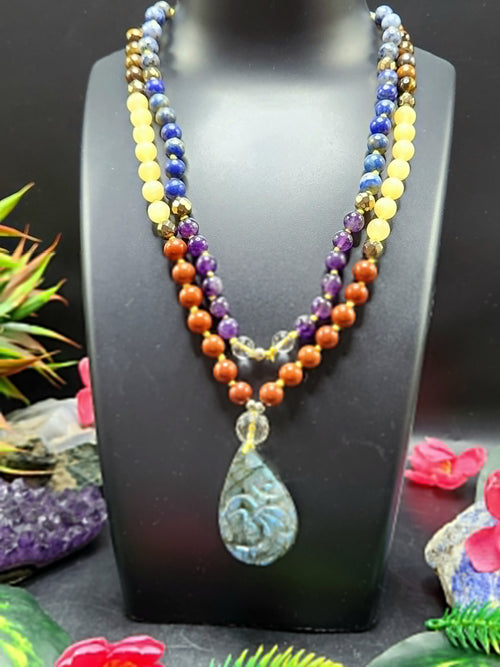 Unique 7-chakra 109 bead necklace with labradorite Om pendant mala | gemstone/crystal jewelry | Mother's Day/Anniversary/Engagement/Birthday gift