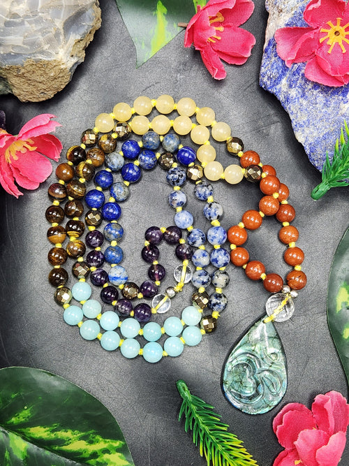 Unique 7-chakra 109 bead necklace with labradorite Om pendant mala | gemstone/crystal jewelry | Mother's Day/Anniversary/Engagement/Birthday gift