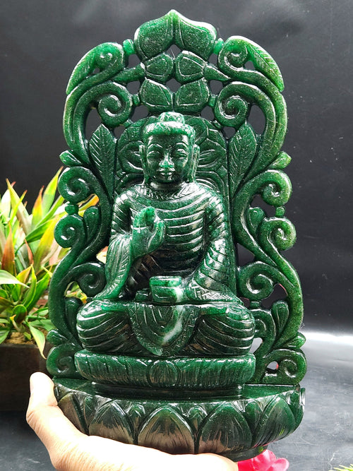 Back Arch based Buddha carving in Dark Green Aventurine - handmade carving of serene and meditating Lord Buddha -crystal/reiki - 11 in and 3.06 kg