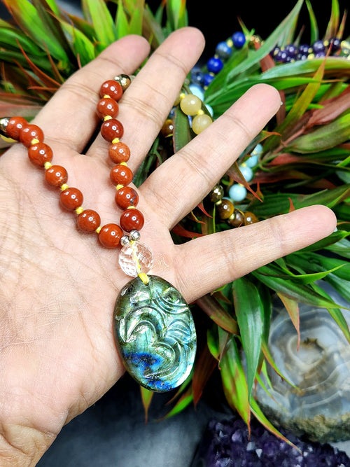 scc6841- Unique 7-chakra 109 bead necklace with labradorite Om pendant | gemstone/crystal jewelry | Mother's Day/Anniversary/Engagement/Birthday gift