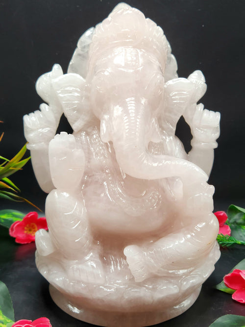 Big Ganesh Statue hand carved in Rose Quartz - Lord Ganesha Idol |Sculpture in Crystals and Gemstones -Reiki/Chakra - 10 inch and 4.26 kgs