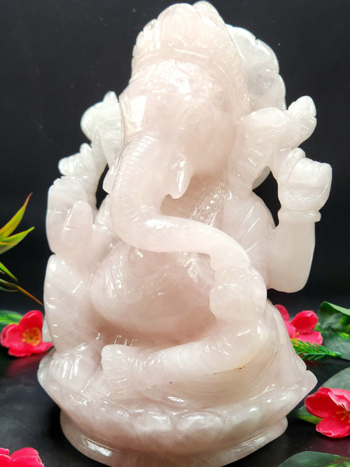 Big Ganesh Statue hand carved in Rose Quartz - Lord Ganesha Idol |Sculpture in Crystals and Gemstones -Reiki/Chakra - 10 inch and 4.26 kgs